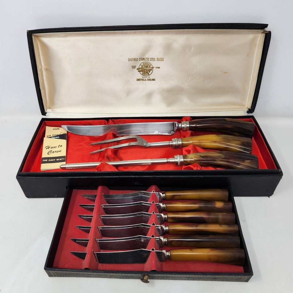 Vintage E. Parker & Sons Sheffield England Carving & Steak Knife Set Faux Horn